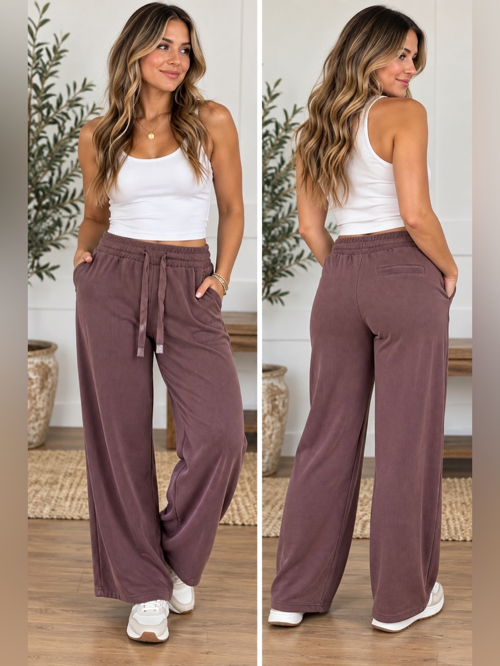 NWT Recreation By Thread & Supply Wide Leg Ribbed Pant in Raisin Size Large